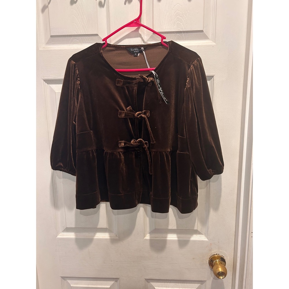 Velvet Heart Los Angeles Brown Velvet Bow‎ Front Peplum Top Medium NWT Coquette